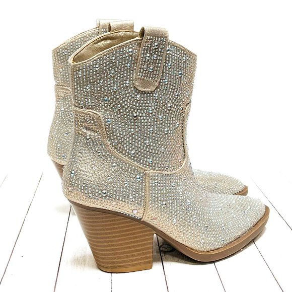 New Women Champagne Gold Blingy Rhinestone Cowboy Western Ankle Boots Booties - Picture 6 of 6